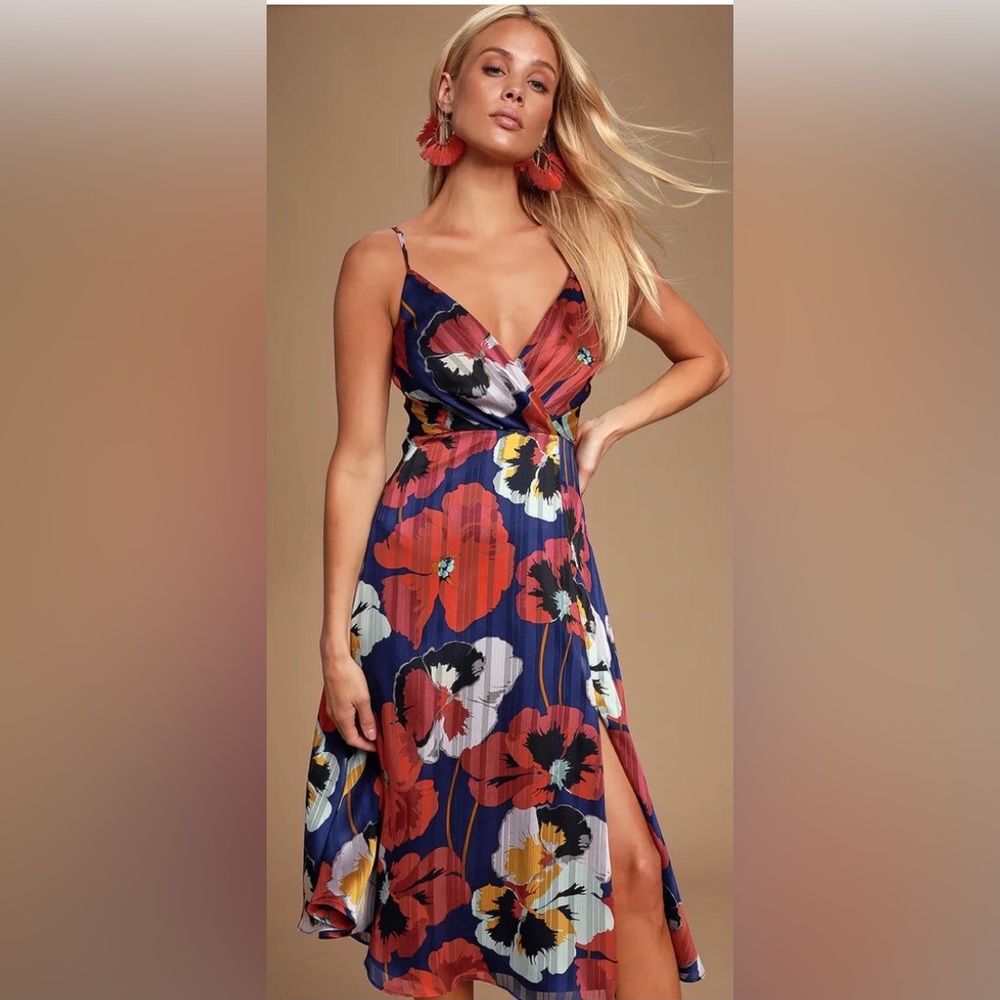 Lulus - All About Love Royal Blue Floral Print Midi Dress